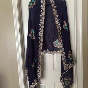 Embroidered Navy Shawl with Floral Accents